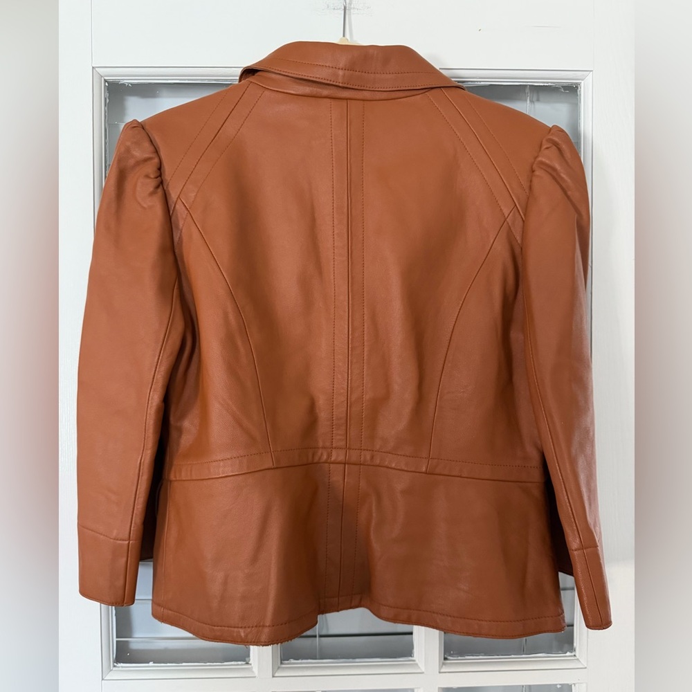 Newport News Women’s 10 Leather Caramel 3/4 Wide Flare Sleeve Blazer | SKU 0134 - Picture 2 of 7